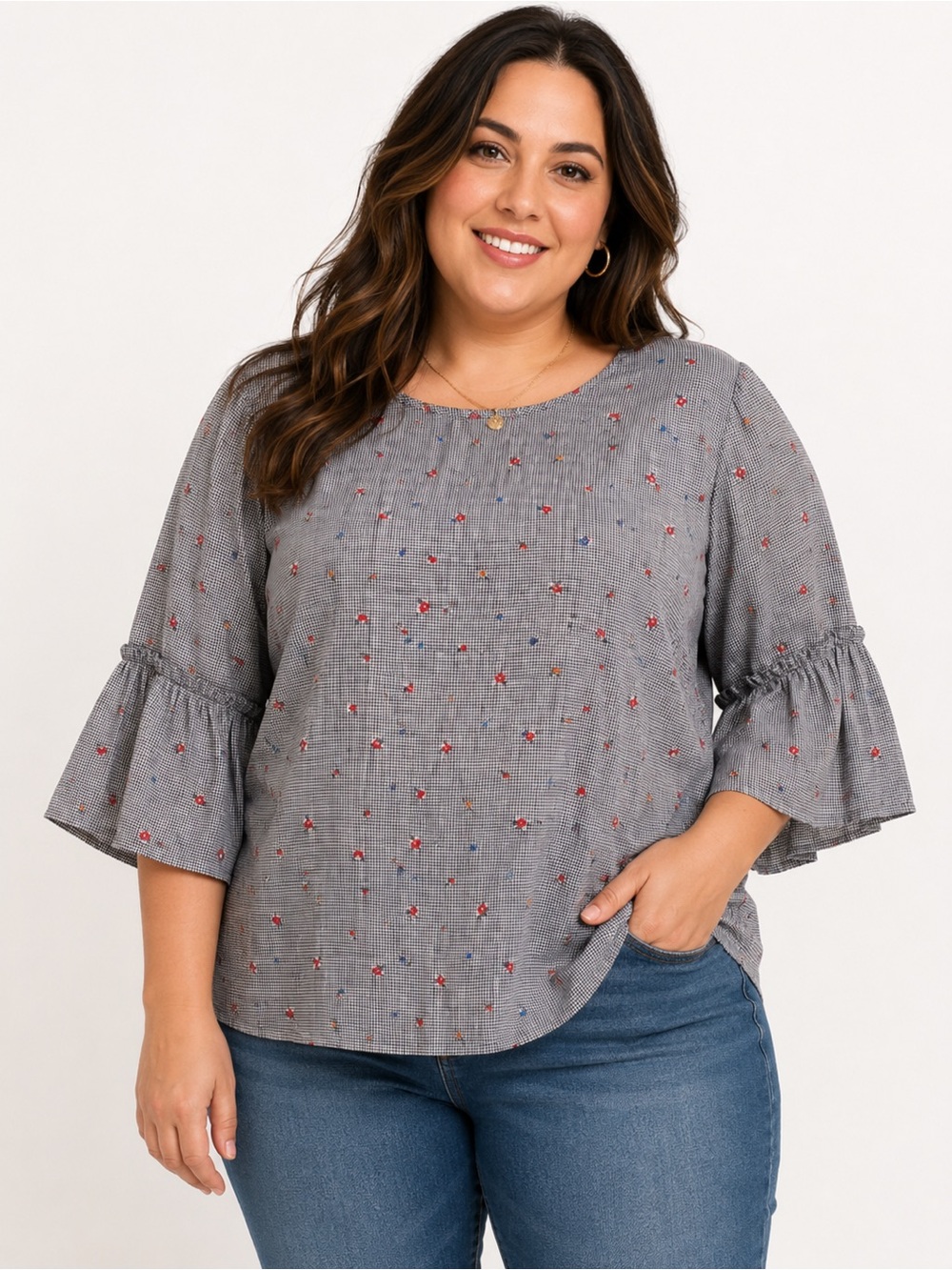 Boutique Floral Flutter 3/4 sleeve‎ top, Size 2X